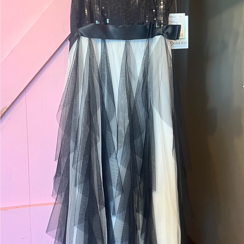 Bonnie Jean Black and White Layered Tulle A-Line Skirt with Satin Waist